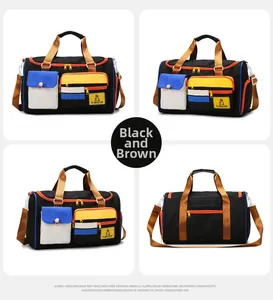Multi-angle views of a durable contrast color travel bag with separate wet-dry compartments