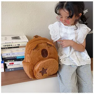 Detail of plush Capybara backpack with soft brown fur and Capy Papa embroidery