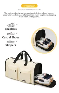 Detail view of the dedicated shoe compartment on the beige versatile travel duffel bag