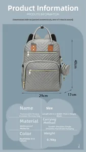 Detail of grey quilted diaper backpack with dimensions 29x17x40cm and waterproof fabric