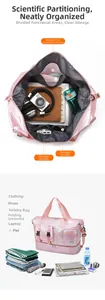 Pink holographic travel bag featuring water-resistant dry-wet separation compartments