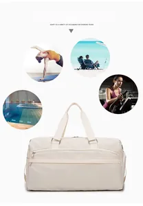 Waterproof travel bag shown with yoga, beach, gym, and swimming usage scenarios
