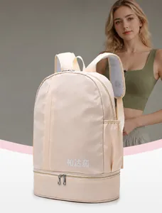 Detail view of pink gym bag with dry-wet separation and independent shoe compartment