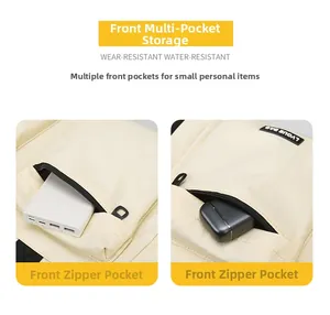 Detail of multi-pocket travel bag showing front storage for power bank and earphones