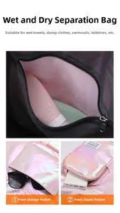Detail view of large swimming bag showing interior wet dry separation and iridescent finish