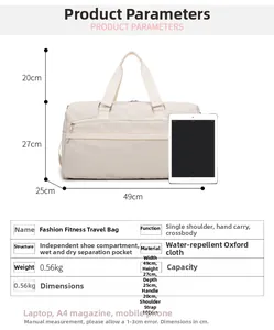 Detailed dimensions of the waterproof travel bag featuring separate shoe compartment