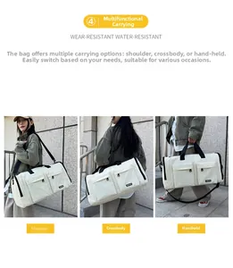 Detail of waterproof beige travel bag showing wear-resistant fabric and dual front pockets