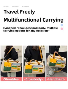 Detail showing versatile shoulder, crossbody, and handheld carry options for the travel bag