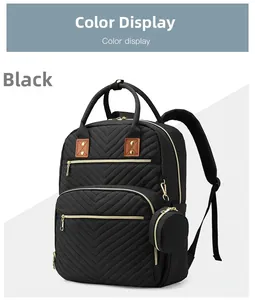Detail view of black chevron quilted diaper backpack with gold hardware and side coin purse