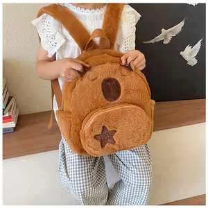 Detail of Capybara plush backpack featuring soft faux fur and star-shaped front pocket