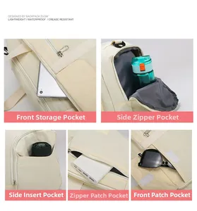Detail view showing waterproof fabric and multiple pockets for tablets and umbrellas