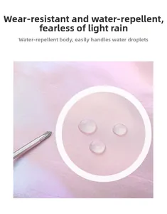 Macro detail of pearlescent waterproof fabric showing water droplets on pink surface