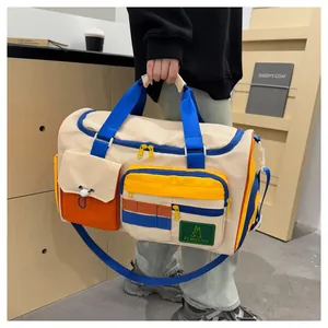 Close-up of color-block travel bag with durable straps and waterproof nylon texture