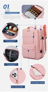 Pink backpack with multiple storage compartments for laptop and travel essentials