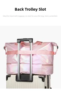 Pink pearlescent travel bag with back trolley sleeve for luggage attachment