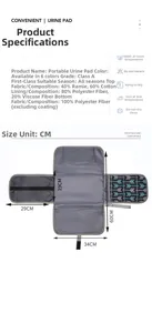 Size chart showing multi-layer waterproof portable baby diaper changing pad dimensions