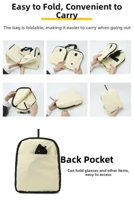 Detailed view of the rear storage pocket and folding steps for this beige travel bag