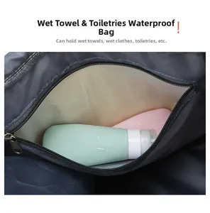 Waterproof compartment showing travel bottles and space for wet items in grey travel bag