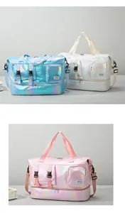 Detail of waterproof holographic travel bag with multi-pocket design and glossy finish