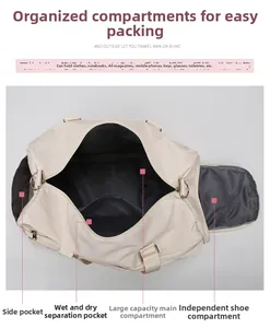 Detail view of beige waterproof travel bag featuring wet-dry separation and a side shoe compartment