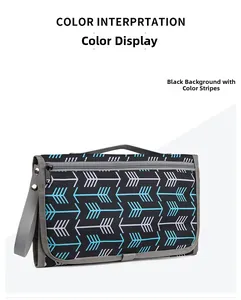 Detail of portable baby changing mat in black with stylish white and blue arrow pattern