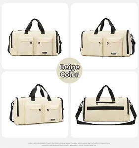 Multi-angle views of beige travel bag showing multiple pockets and black contrast straps