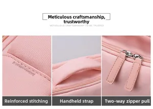 Detail of pink backpack featuring reinforced stitching, webbing handle, and two-way zippers