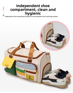 Travel bag detail showing the separate ventilated shoe compartment with sneakers