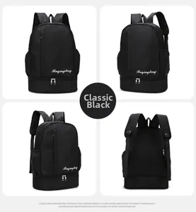 Detailed views of a black waterproof nylon travel backpack with separate shoe compartment