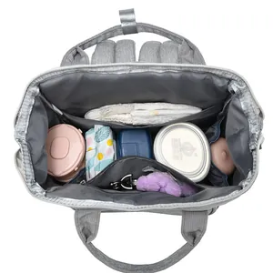 Large capacity dark grey diaper backpack with organized interior compartments for baby gear