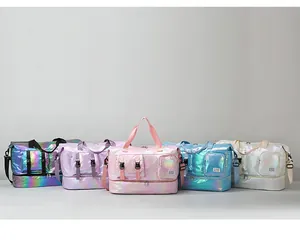Five assorted holographic waterproof gym bags showing multiple storage compartments