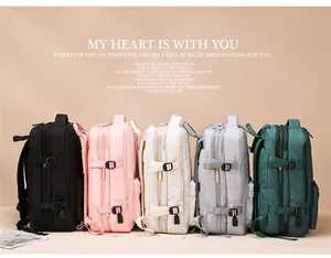 Five assorted colors of functional backpacks with multi-layer zipper and side buckle detail