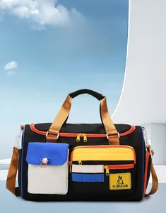 Detail of travel duffle bag featuring separate shoe compartment and wet-dry pocket