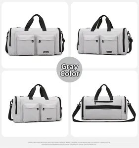 Detailed four-way view of grey multi-pocket gym bag with shoulder strap and luggage strap