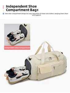 Detail view of the beige sports bag featuring an independent side shoe compartment