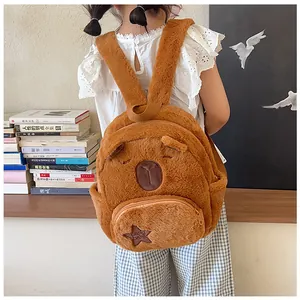 Detailed view of Capybara plush backpack with soft brown fur and embroidered features