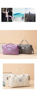 Three quilted travel bags in purple, grey, and cream with adjustable shoulder straps