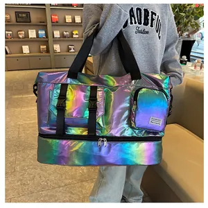 Iridescent waterproof fitness bag with shoe compartment and multi-pocket detail