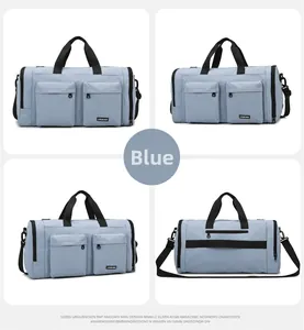 Multi-angle view of a blue travel duffel bag with a luggage sleeve and shoulder strap