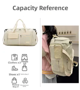 Detailed capacity reference for large travel bag showing clothes and shoes storage