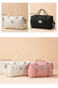 Close-up of quilted nylon travel bags with diamond stitching and adjustable straps
