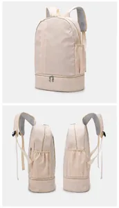 Detail view of dry wet separated travel backpack with bottom shoe compartment