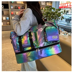 Detail of multi-functional travel bag featuring iridescent fabric and dry-wet separation