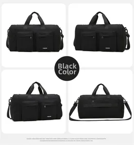 Detailed views of a black multi-pocket travel bag with independent shoe compartment