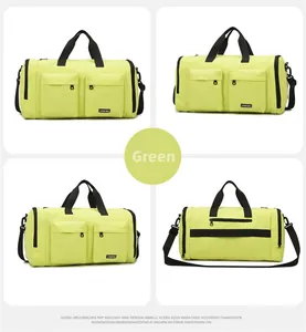 Detailed multi-angle view of lime green gym bag with shoe compartment and straps