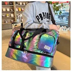 Close-up of holographic travel bag with independent shoe compartment and dual handles