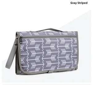 Detail view of foldable waterproof baby diaper changing pad with grey base stripe pattern
