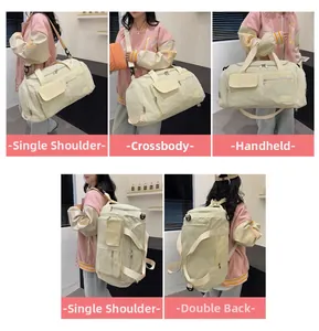 Collage showing four carrying modes for this versatile large capacity travel gym bag