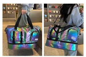Macro detail of iridescent waterproof fitness bag with shoe compartment and side pocket