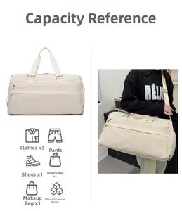 Detailed capacity view of beige nylon travel bag with shoe compartment and large main storage